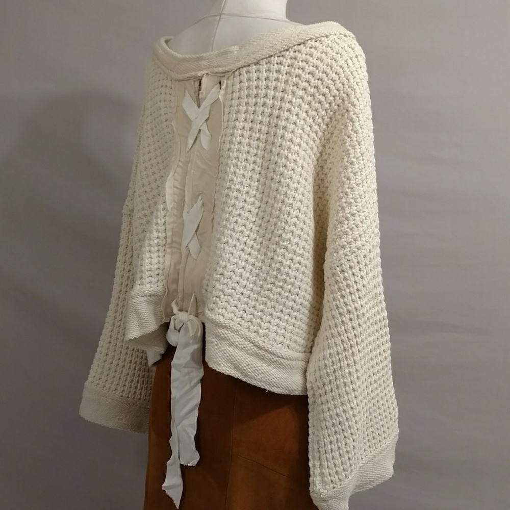 NWOT Free People Natural Crop Sweater Tie Back Boxy Oversized Shape Waffle 56"wi